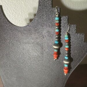 Native American Silver Genuine Turquoise, Navajo Pearls Handmade Dangle Earrings
